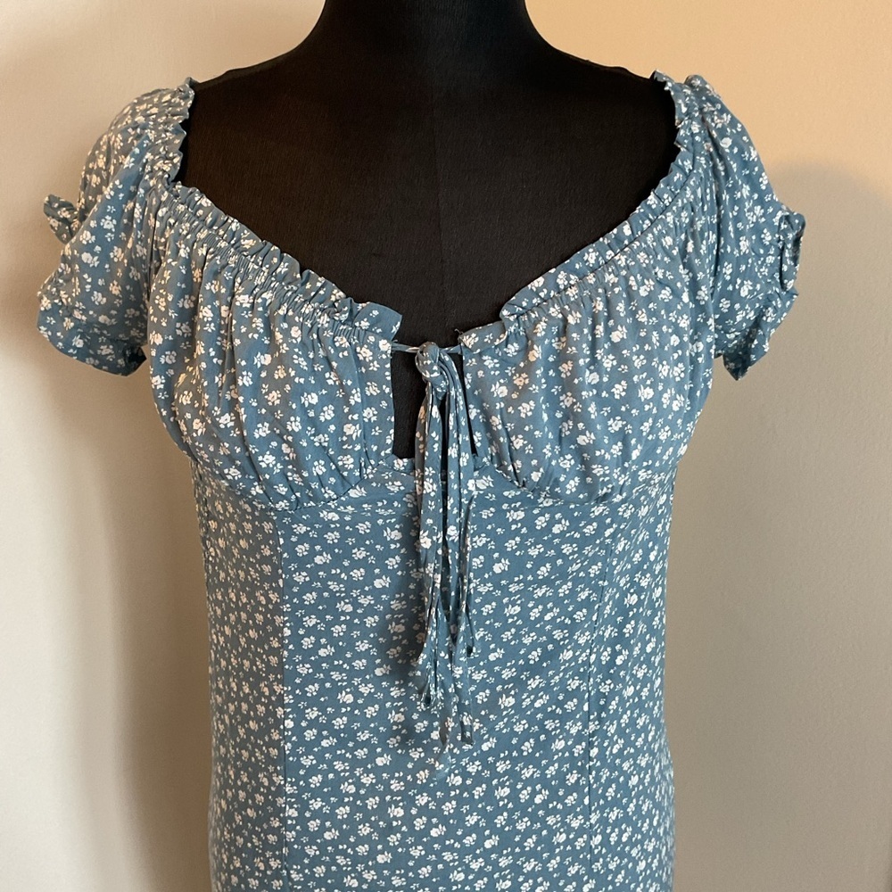 Blush Blue White Floral Ruched Tie Front Puff Sleeve Mini Babydoll Dress Large - Picture 2 of 8